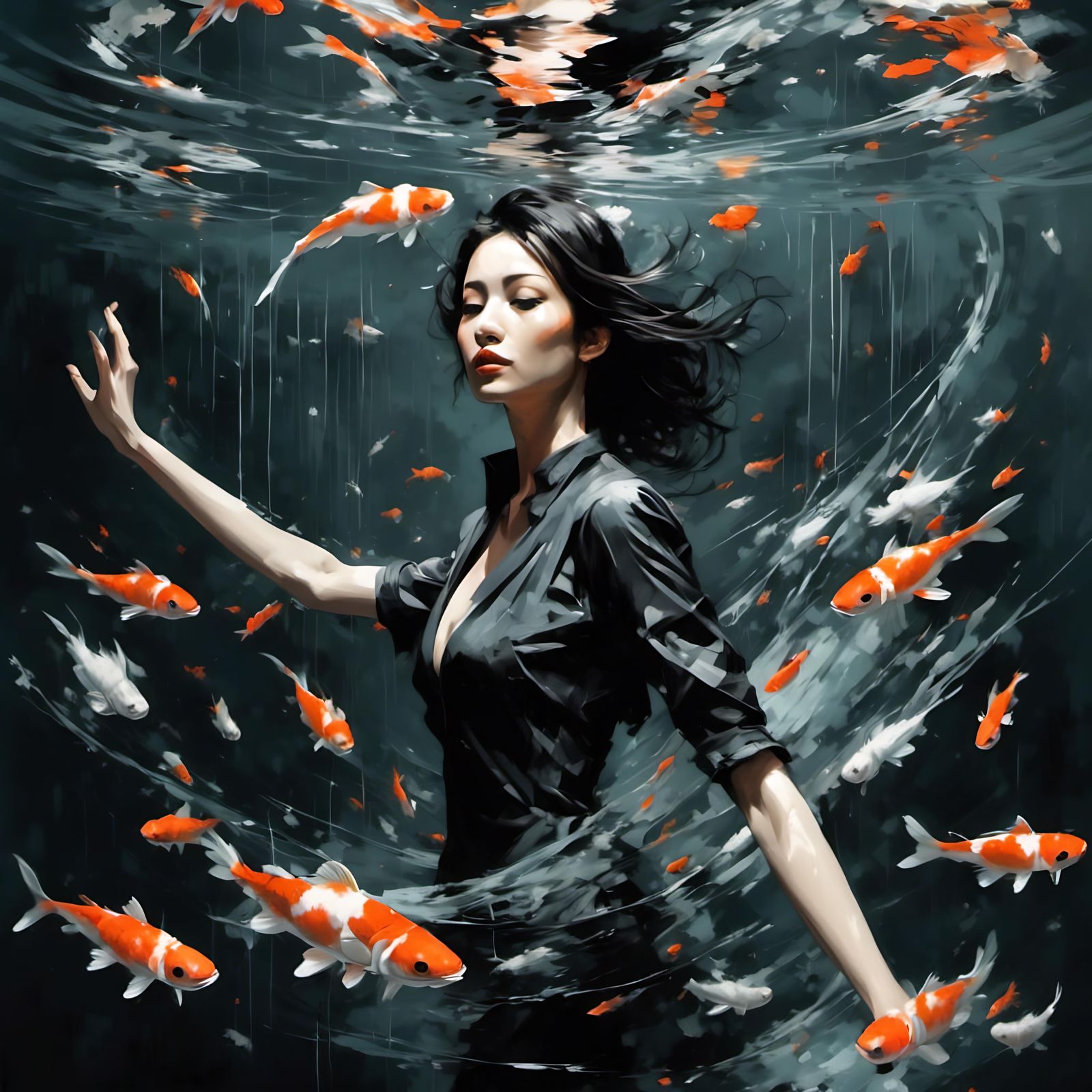 Flying Koi Fish in Pond: Fantasy Abstraction