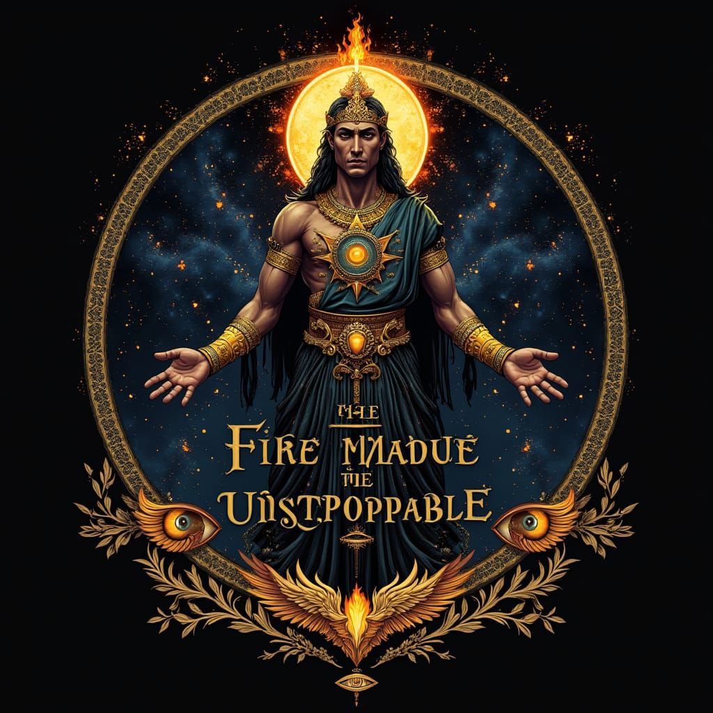 Wise Figure with Fiery Text and Phoenix Icons