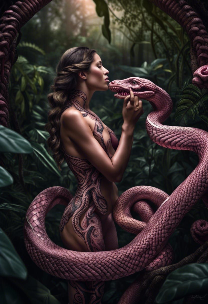 Woman Kissing a Pink Snake in Jungle