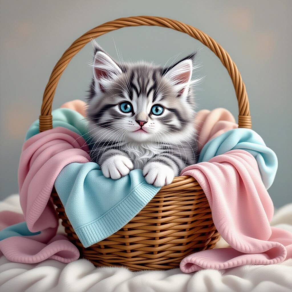 Fluffy Russian Blue Kitten in Basket, Matte Painting Style