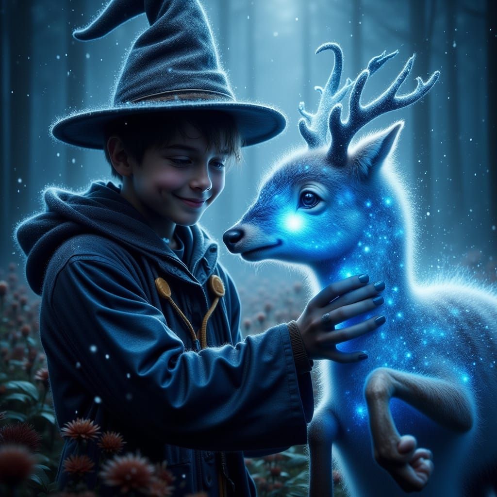 Wizard Boy and Mystical Bioluminescent Deer Patronus