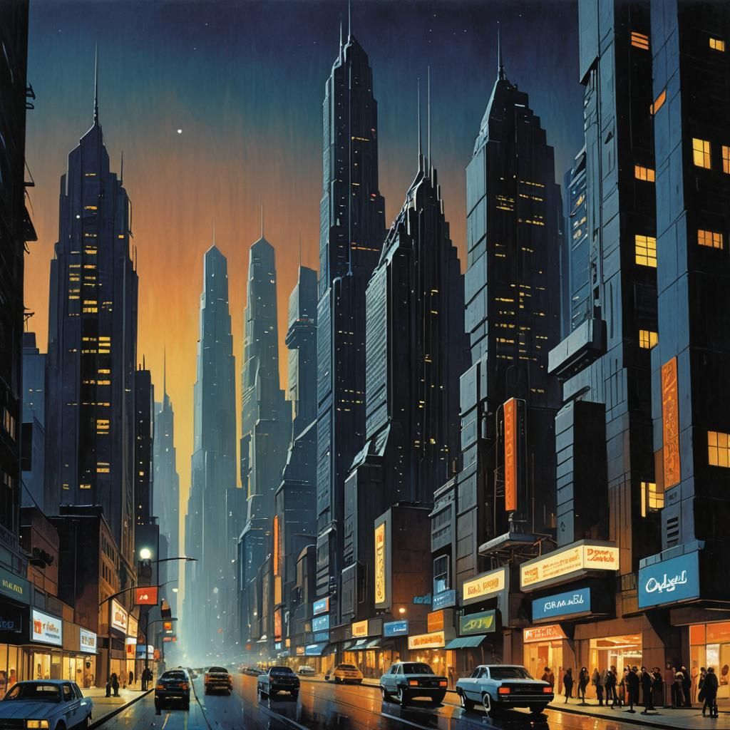 Futuristic Skyscraper at Night: 70s Sci-Fi Style