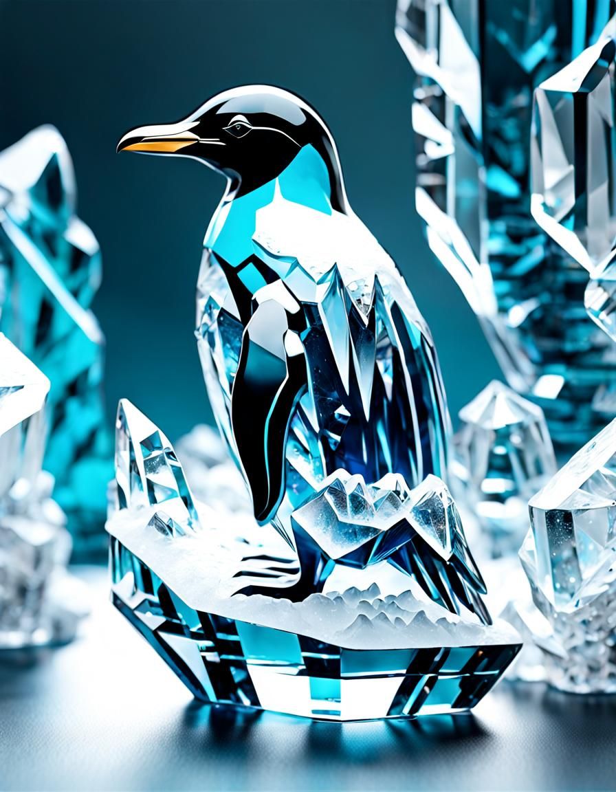 Crystal Ice Penguin Sculpture in Digital Art Style