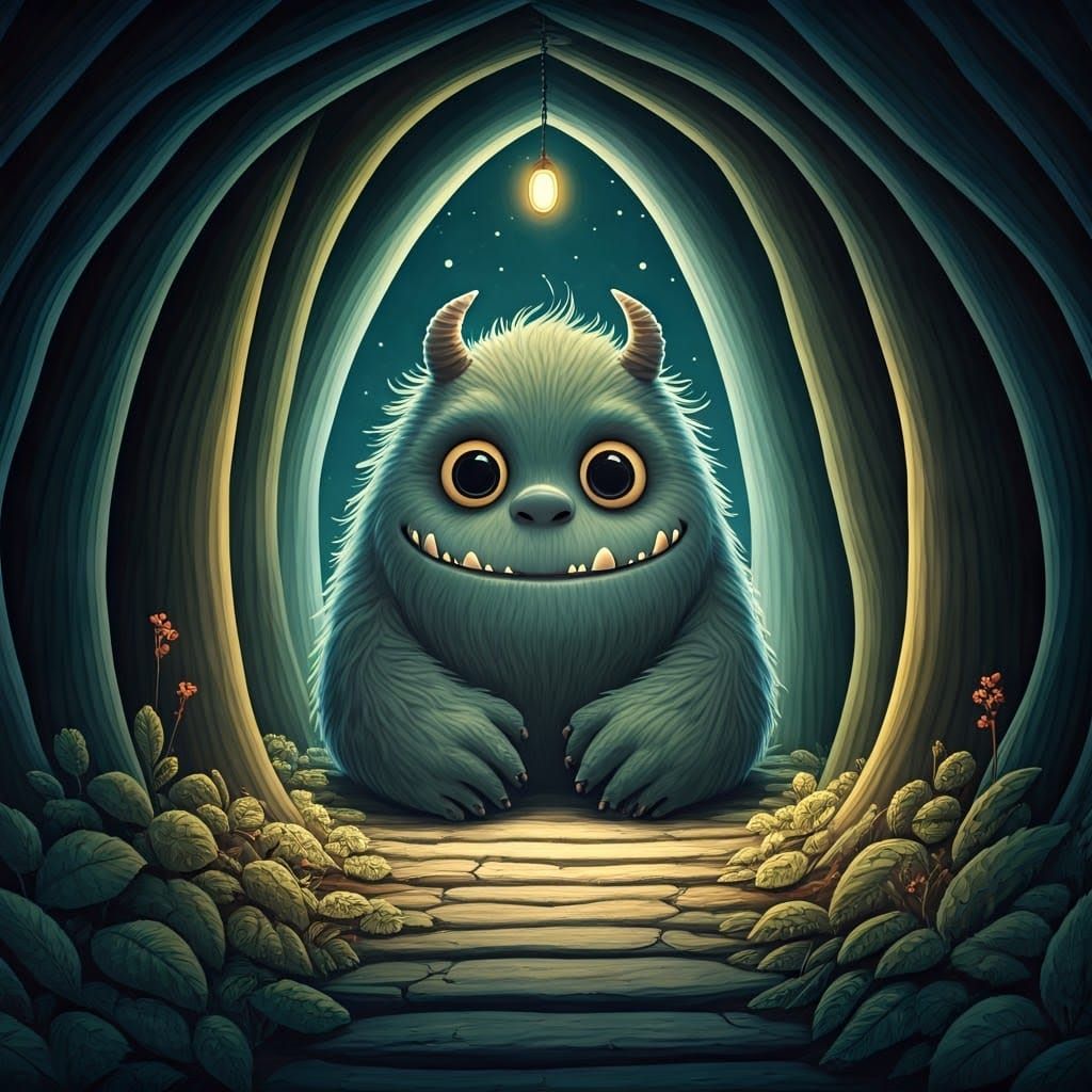 Cute Monster Hiding: Storybook Illustration