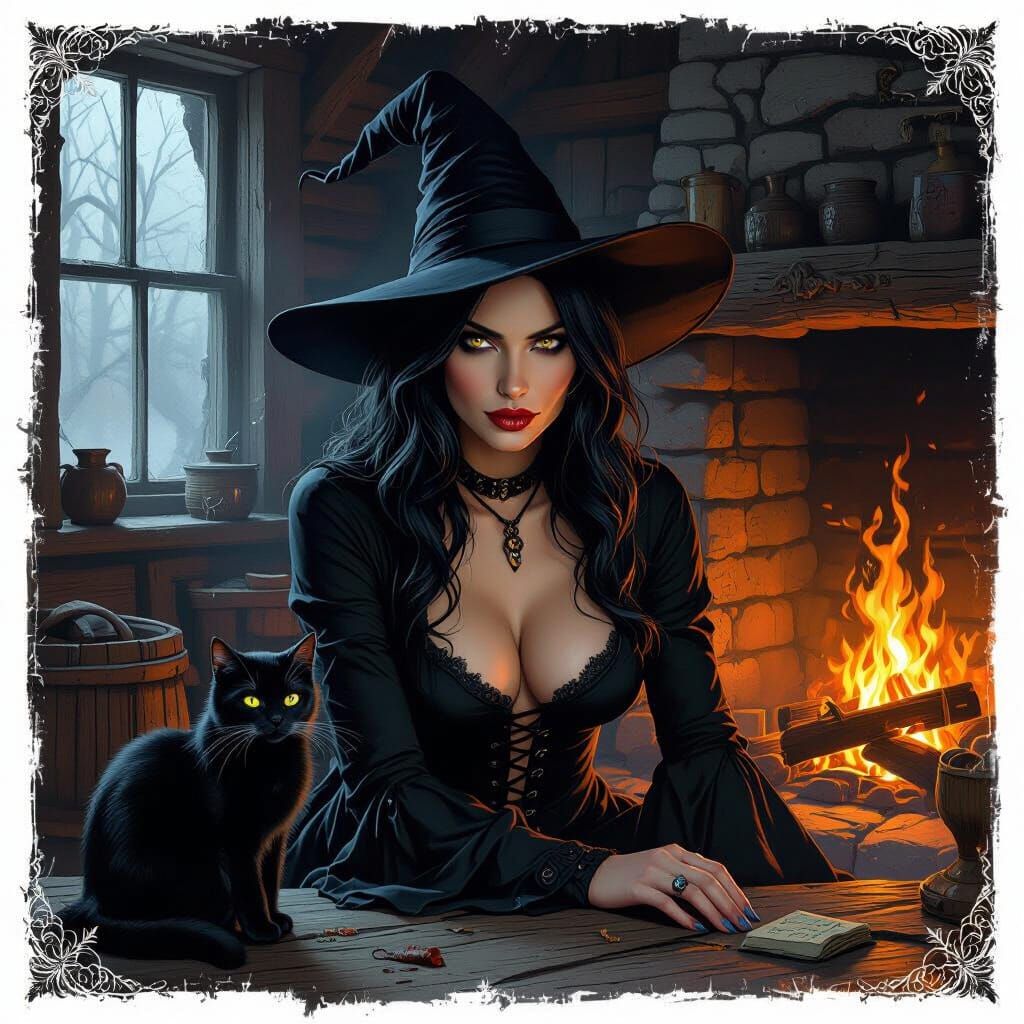 Dark Fantasy Witch in Rustic Cabin