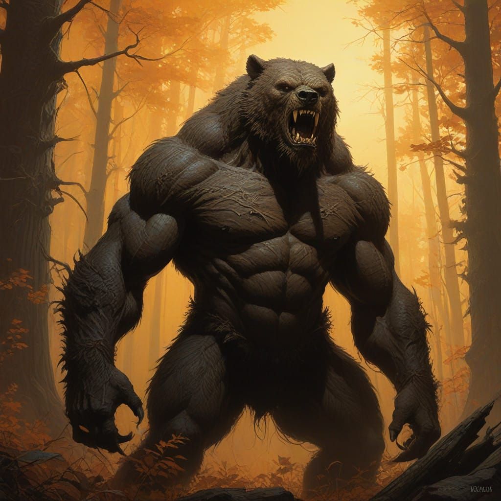 Muscled Fantasy Werewolf in Golden Autumn Forest