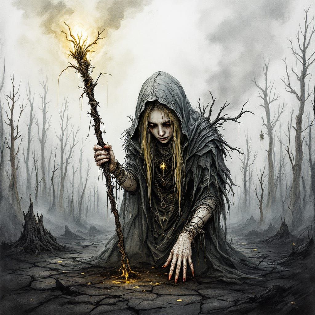 Ashen Druid in Post-Apocalyptic Landscape as Mix-Media Art