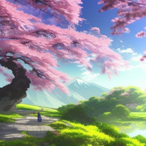 Japanese Cherry Blossom Mountain Scene in Anime Style