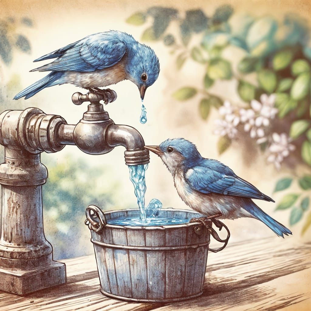 Whimsical Watercolor of Bluebird at Garden Faucet