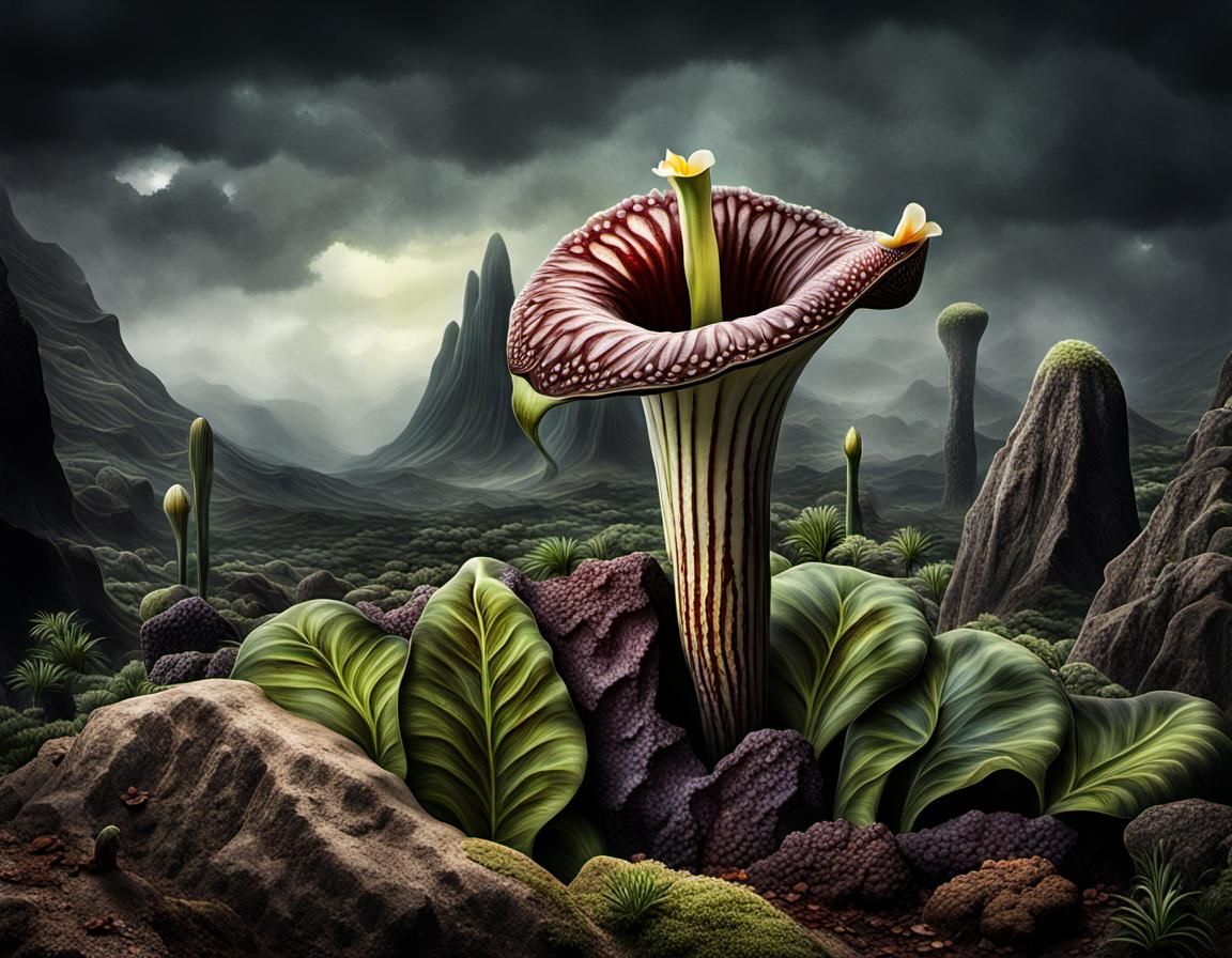 Digital Art of a Corpse Flower on Rock Formation