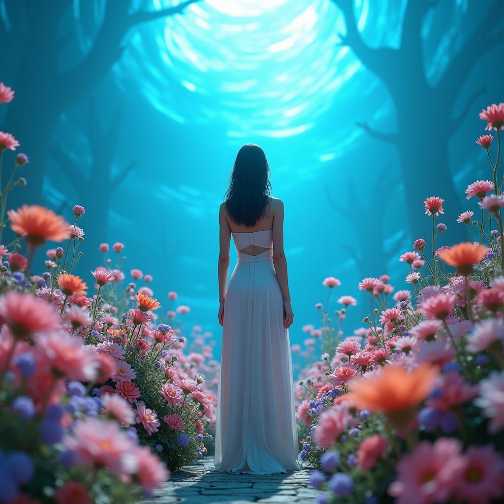 Woman in Floral Fantasy Landscape, Digital Art