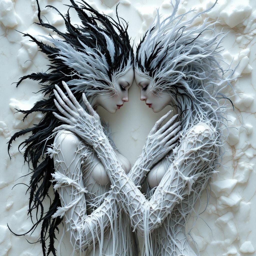 Swan Maiden Unraveling Reflection in Crystal Bas-Relief