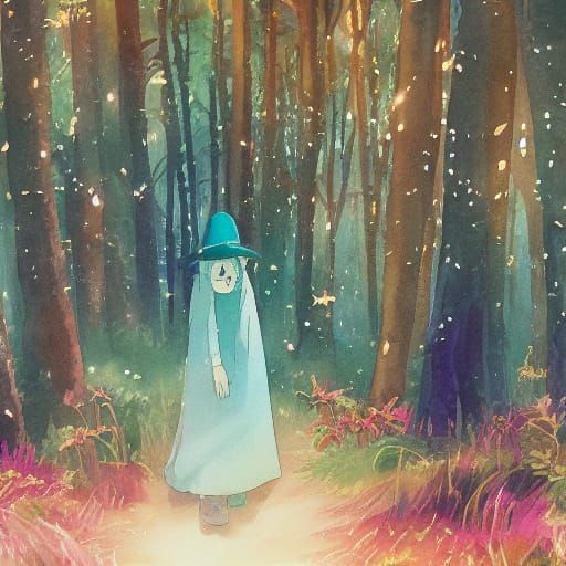 Ethereal Wizard in Enchanted Forest, Studio Ghibli Style