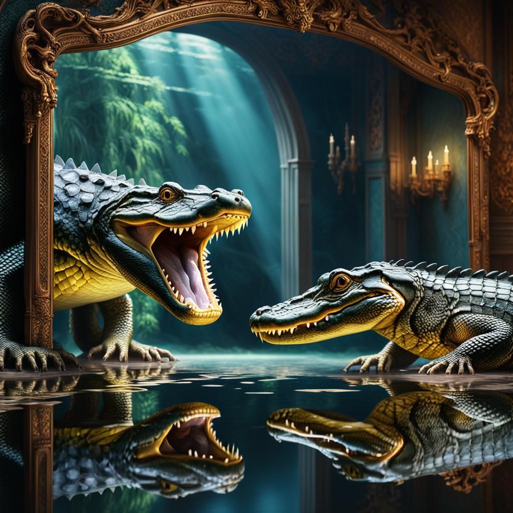 Python Sees Alligator Reflection: Magic Realism in 8K