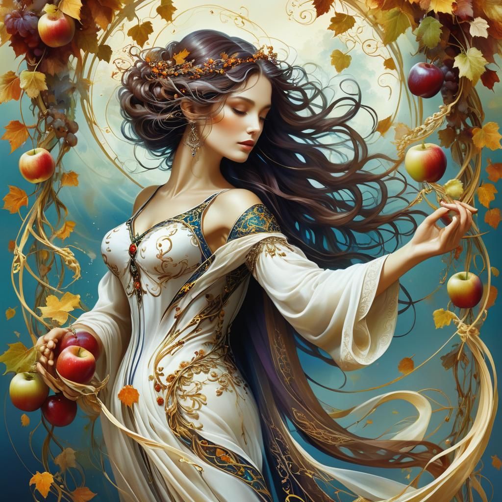 Karol Bak-style Tarot card titled "September," central ethereal, elegant woman, hair flowing, intertwined with grape vin...