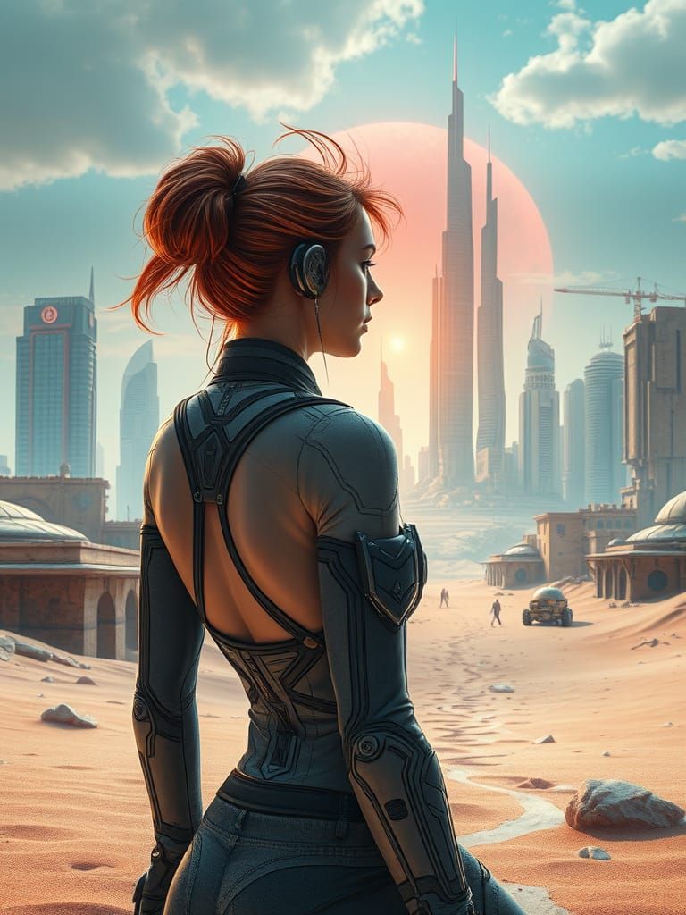 Cyberpunk Woman Contemplates Abandoned Futuristic Cityscape