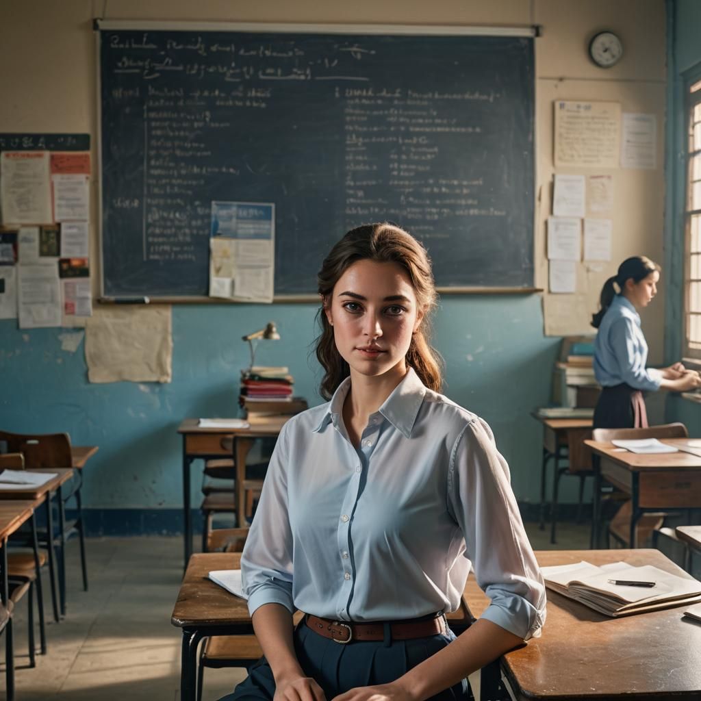 Elegant English Girl Portrait in Egyptian Classroom