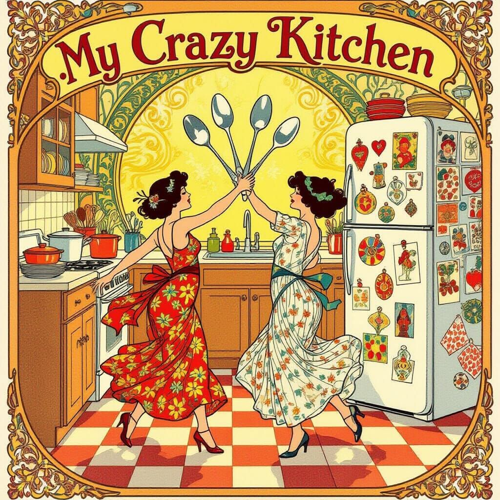 Art Nouveau Kitchen Scene Dancing Utensils and Artful Plates