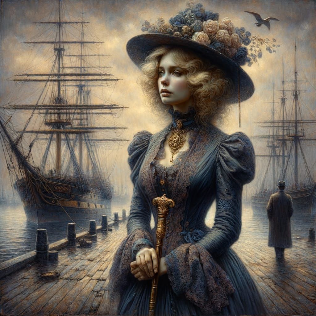 Melancholy Victorian Woman on Bustling Dock
