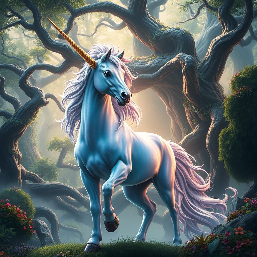 Majestic Unicorn in Enchanted Forest Realm
