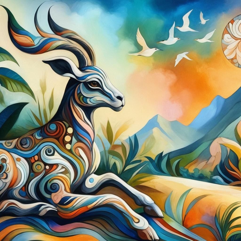 Elegancia animal, estilo fauvista con un paisaje exótico de fondo.