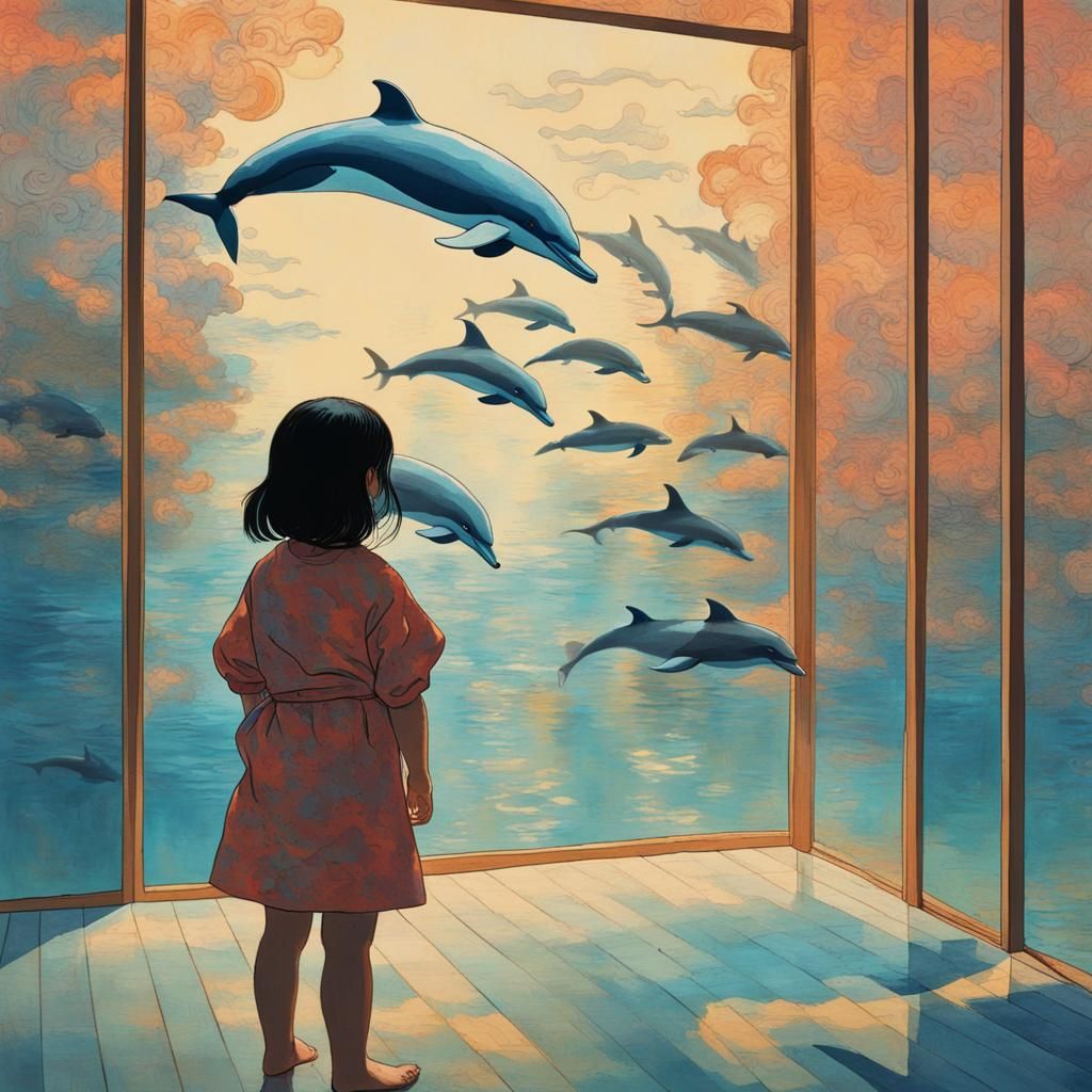 Girl Mesmerized by Holographic Dolphins in Ukiyo-e Style