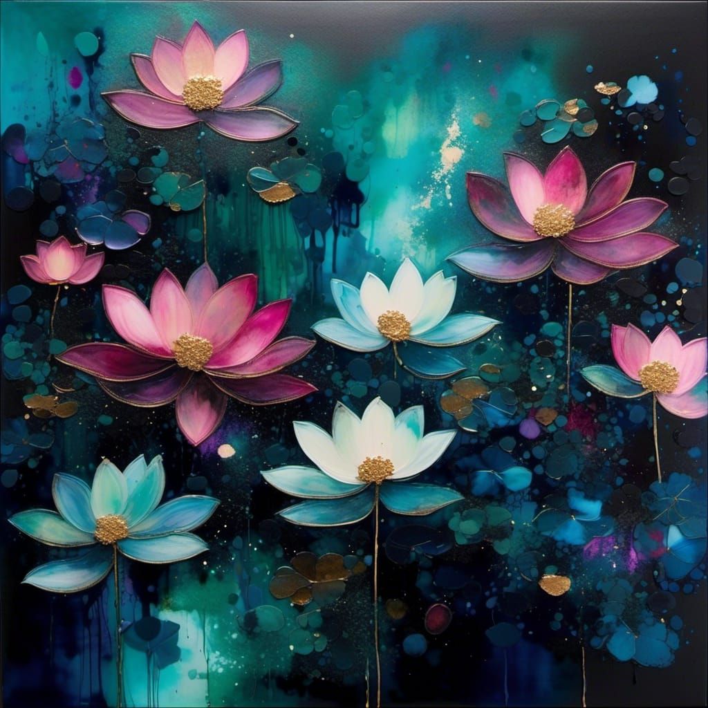 Bioluminescent Lotus Pond at Night in Spray Paint Art Style
