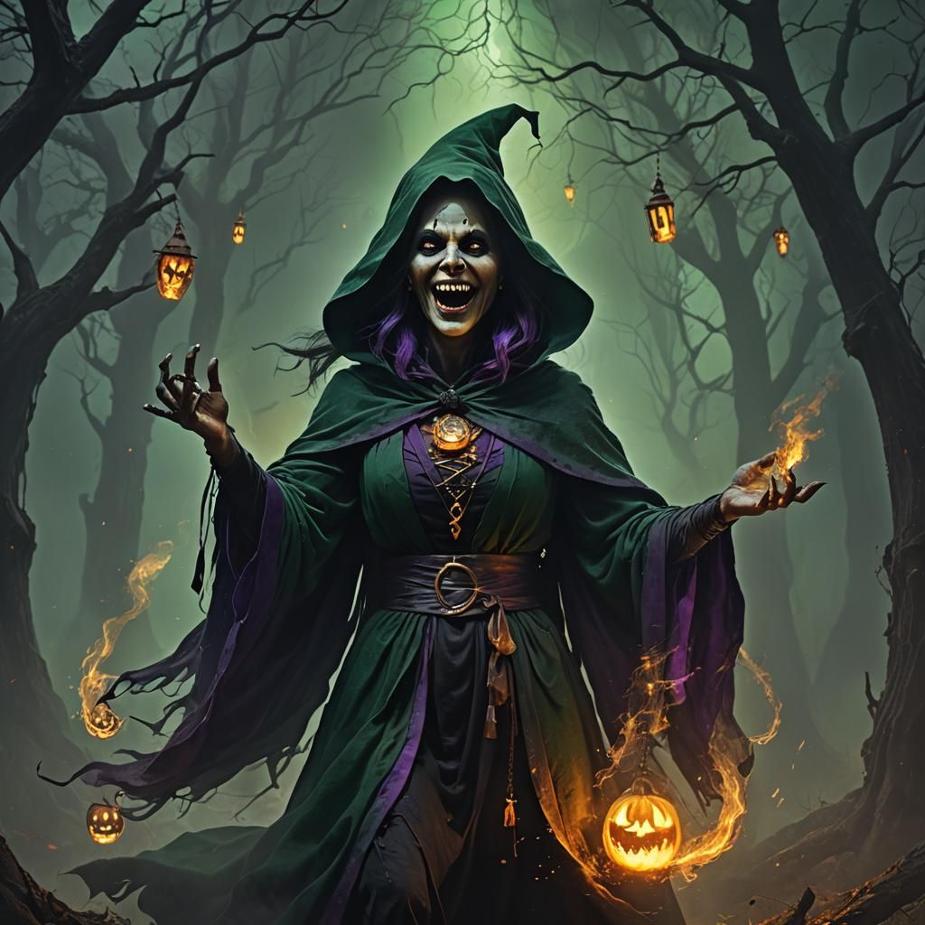 Laughing Witch with Black Ghost in Dark Fantasy Art