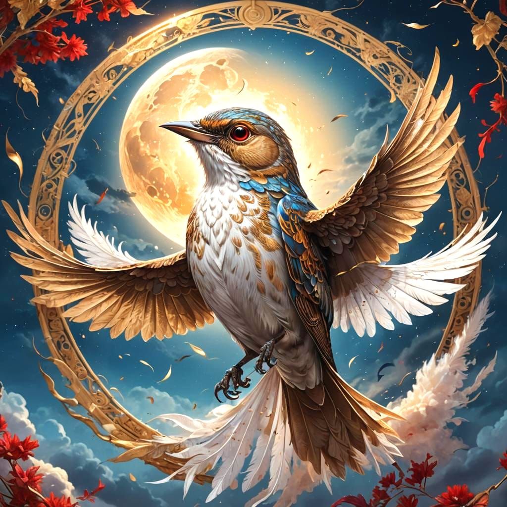Nightingale in Flight Over Moonlit Sky