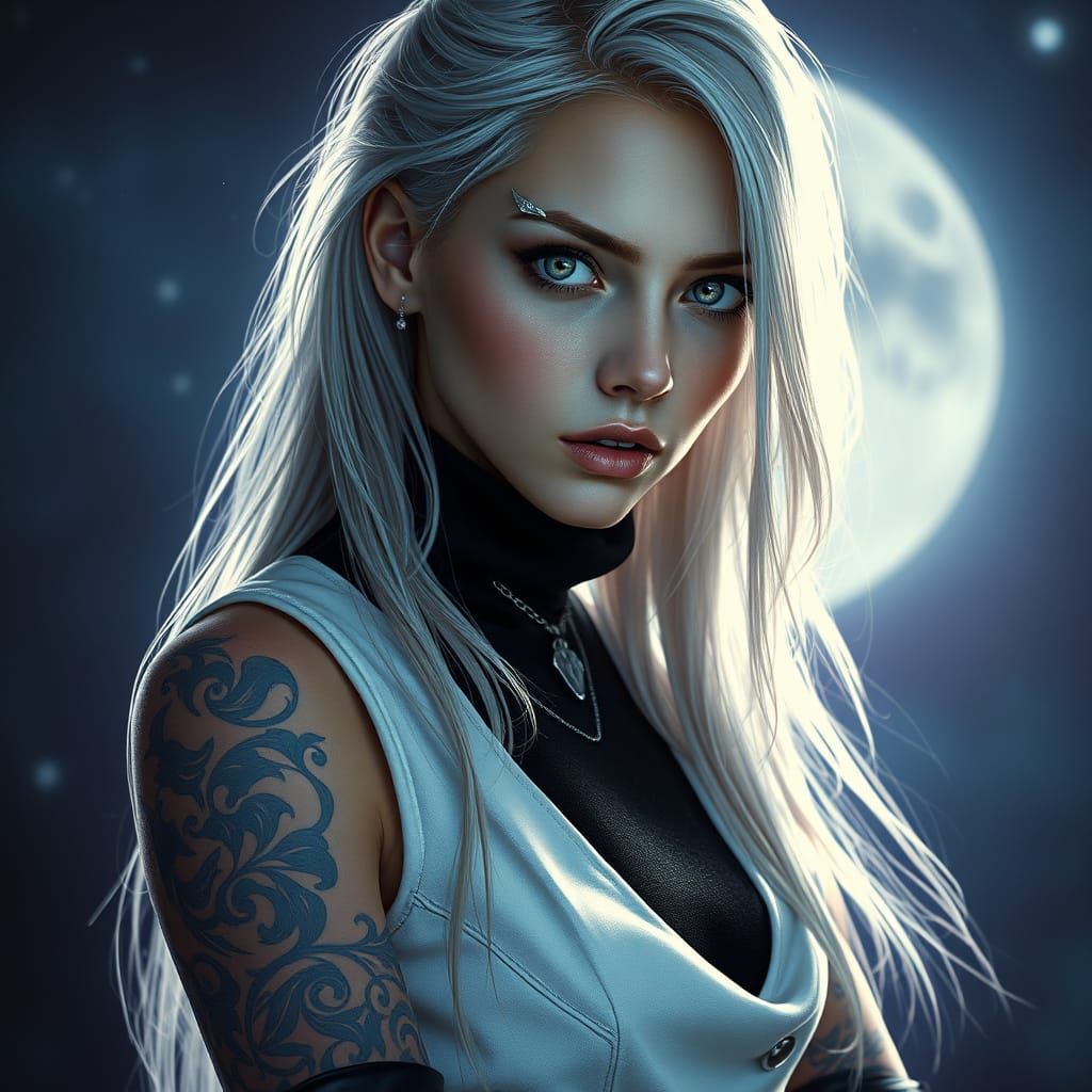 Ethereal Silver-Blonde Goddess with Moonlit Eyes