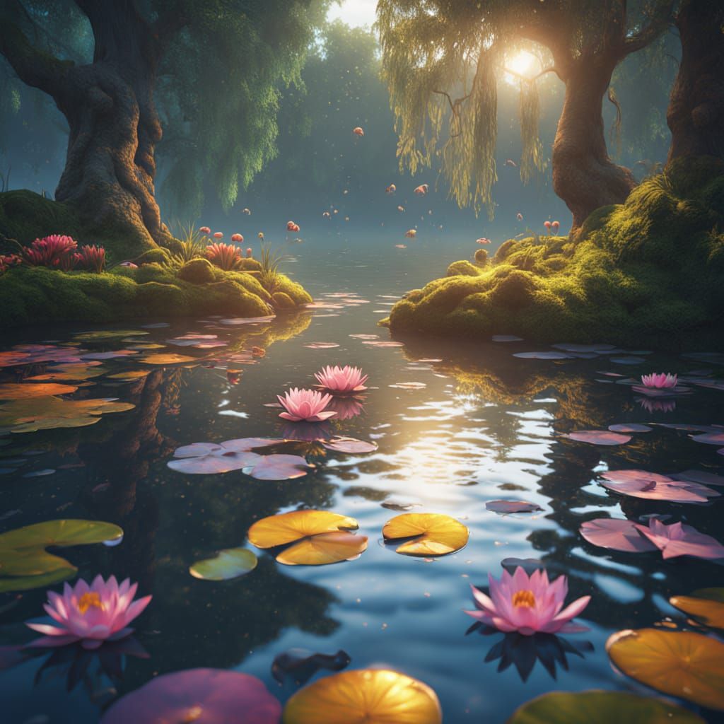 Whimsical Pond Scene in Dreamy Digital Art