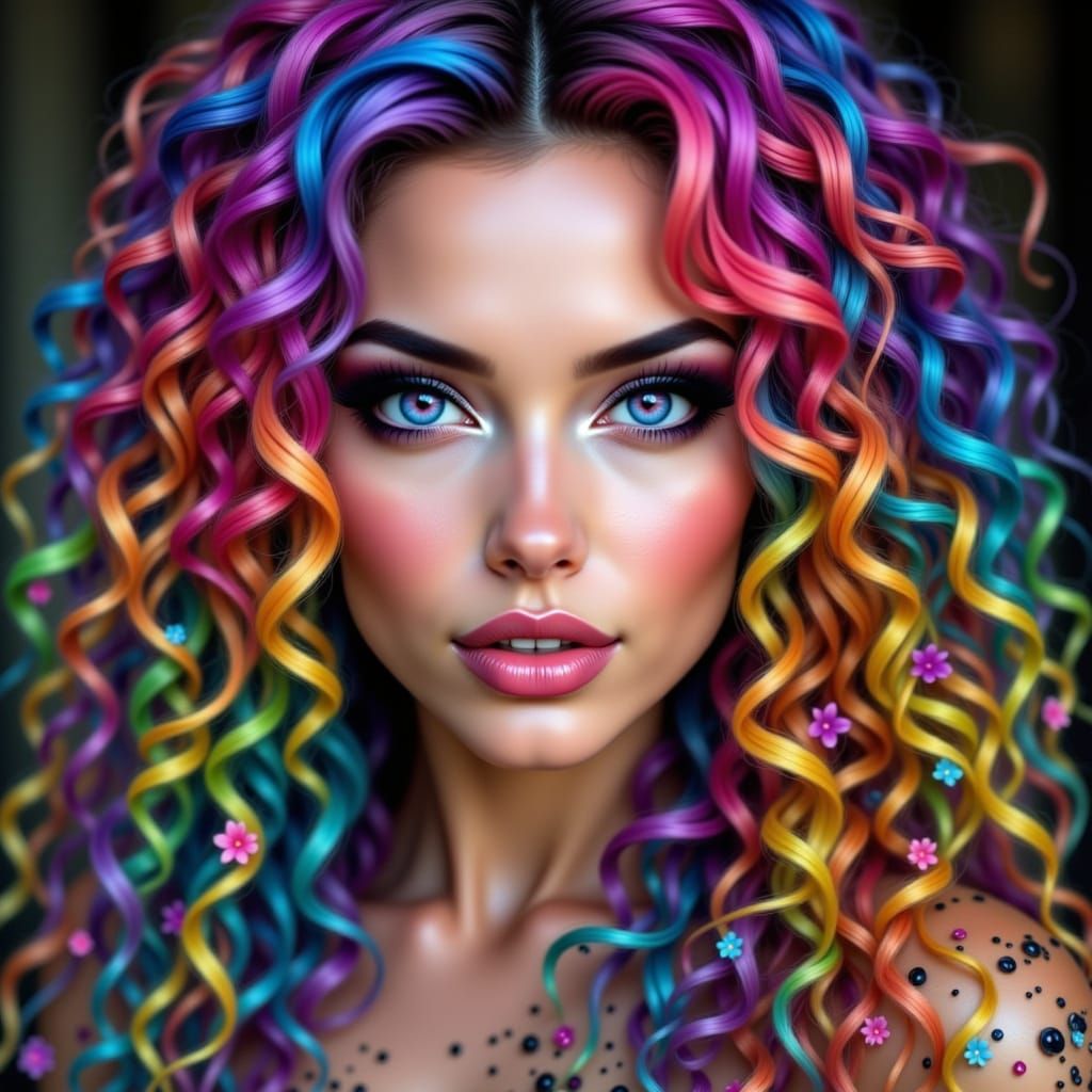 Glamorous Witch with Rainbow Hair and Flowers