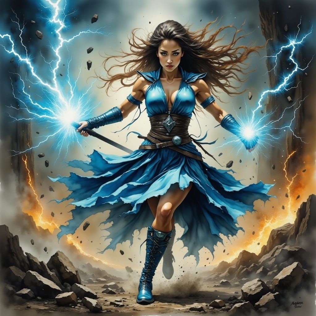 Valkyrie Strikes Earth with Lightning, in Watercolor