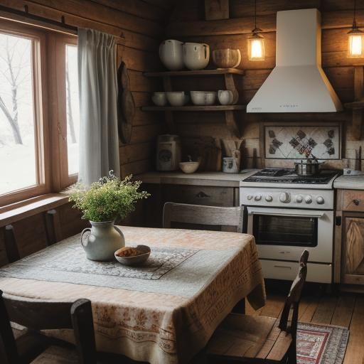 Cozy Russian Cabin Interior with Rustic Stove