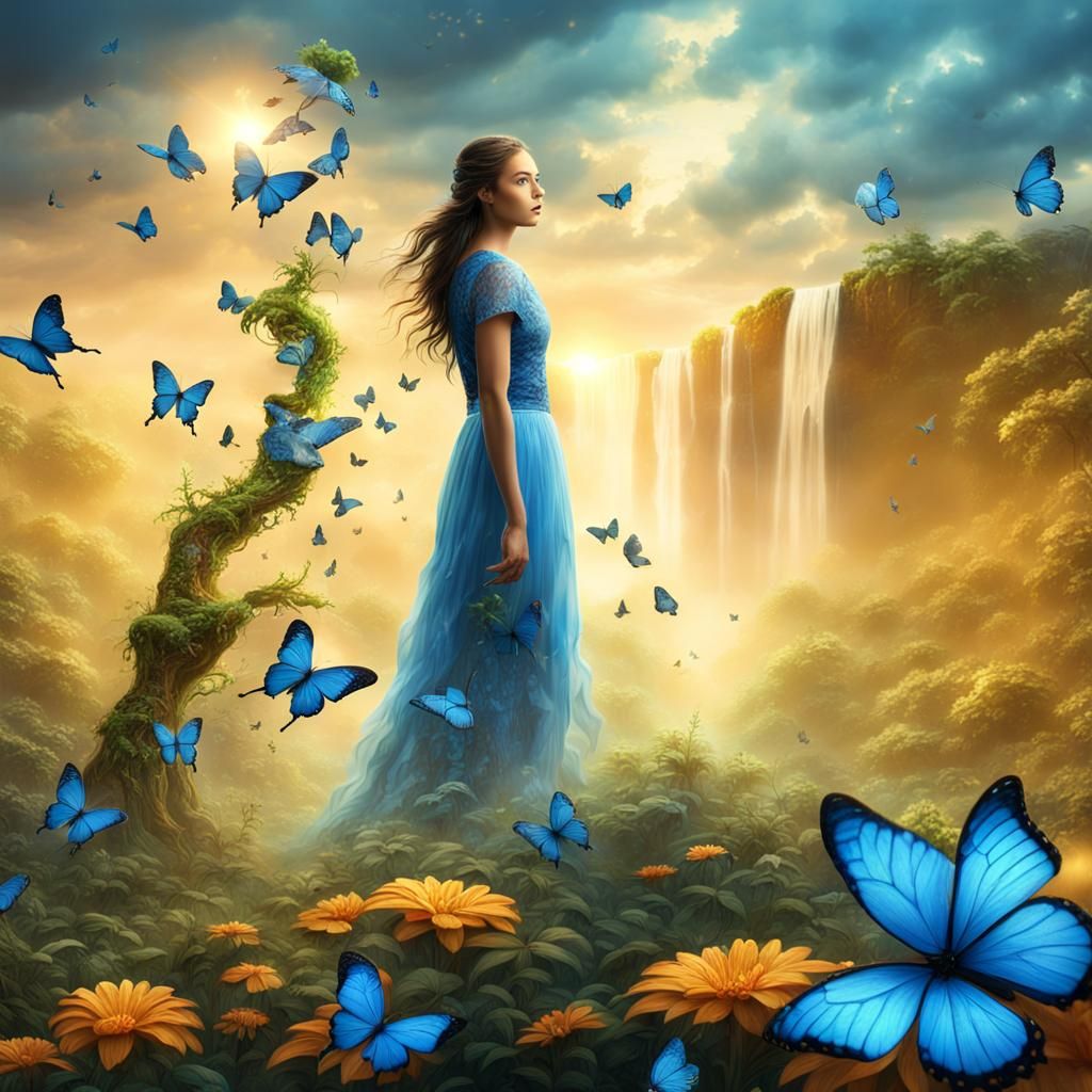 Blue Butterflies and Waterfall in Sunlit Forest