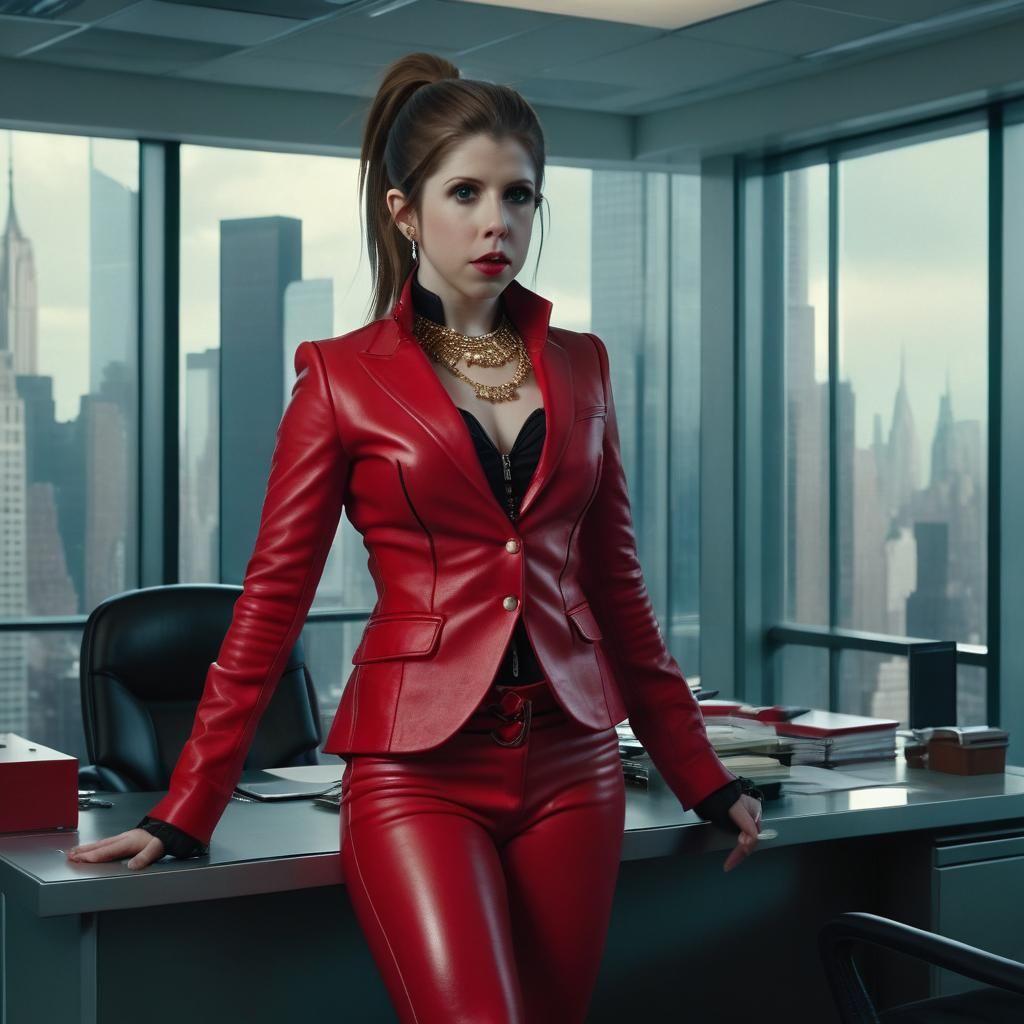Anna Kendrick Portrait in Red Suit, Cinematic Style