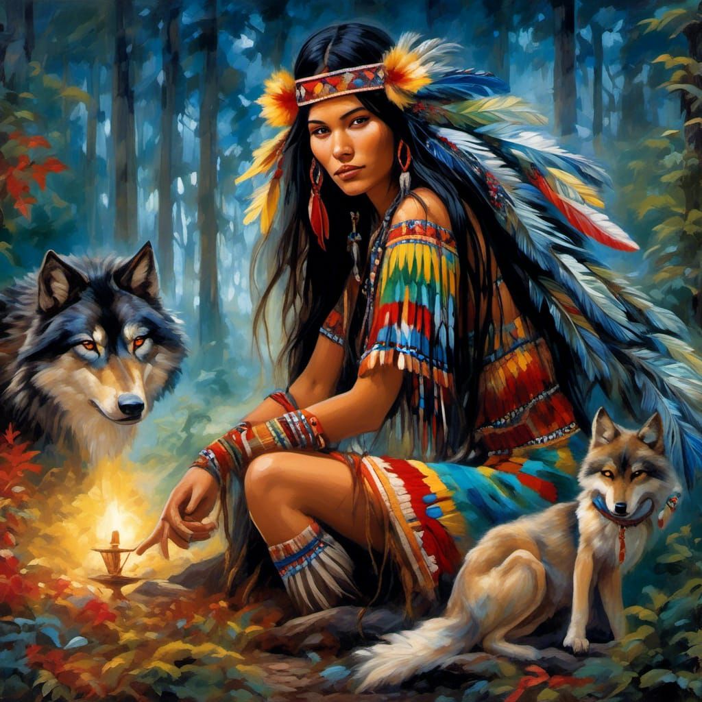 Cherokee Woman with Wolves in Forest