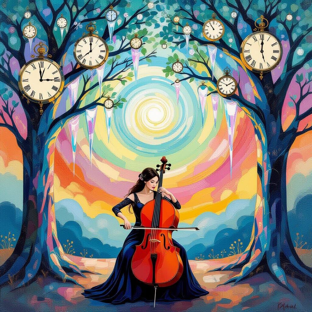 Cello Player in Surreal Gouache Dreamscape