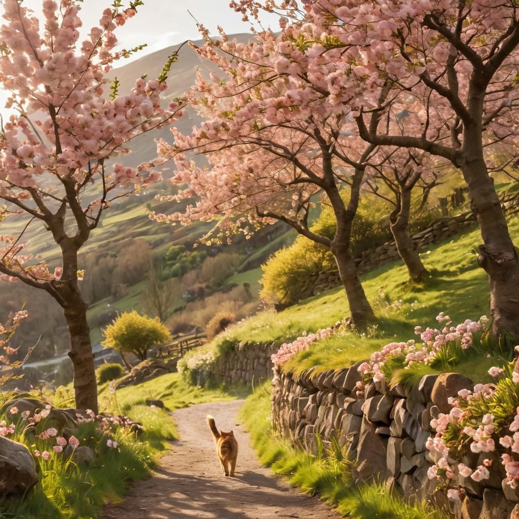 Impressionist Cherry Blossoms with Ginger Cat