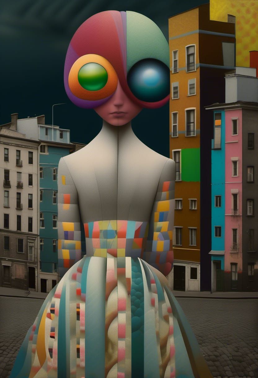 Polychromatic Abstract Cityscape with Alien Pets