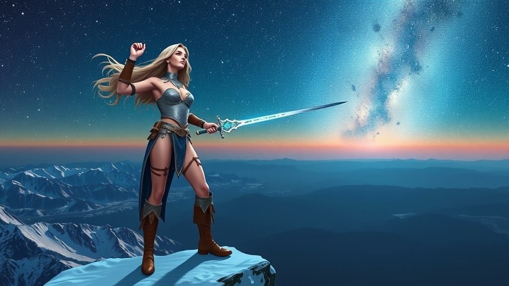 Female Warrior Gazing at Milky Way in Silver Armor