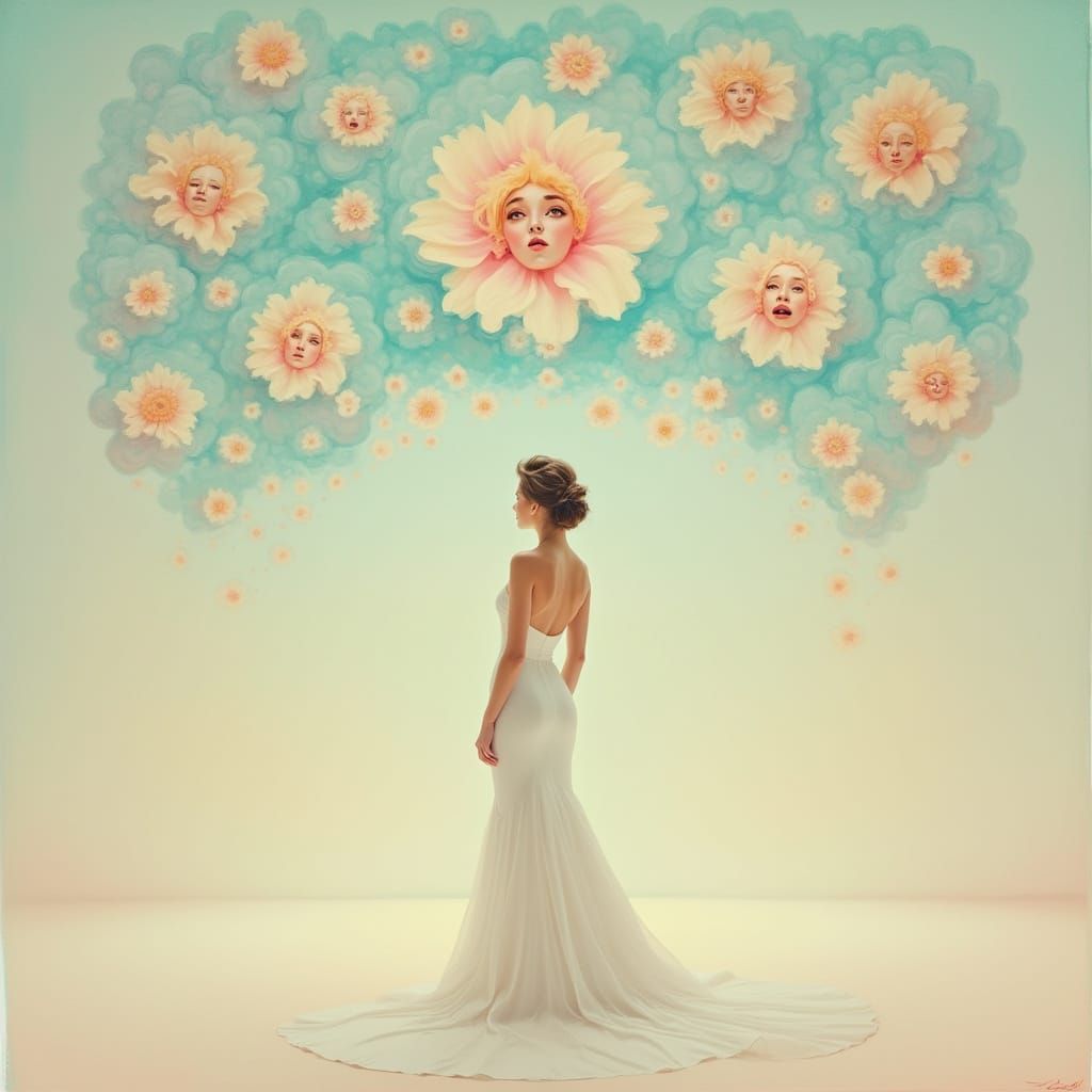 Woman Surrounded by Dreamlike Thought Bubbles
