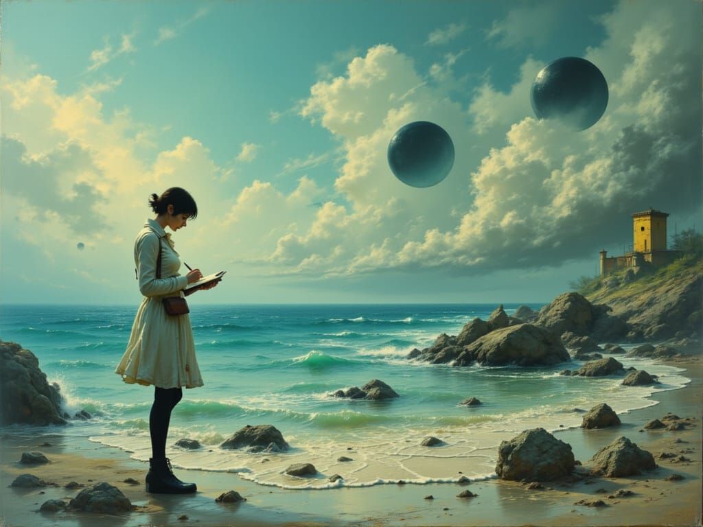 Surreal Seascape: Woman Writing Letter by the Sea