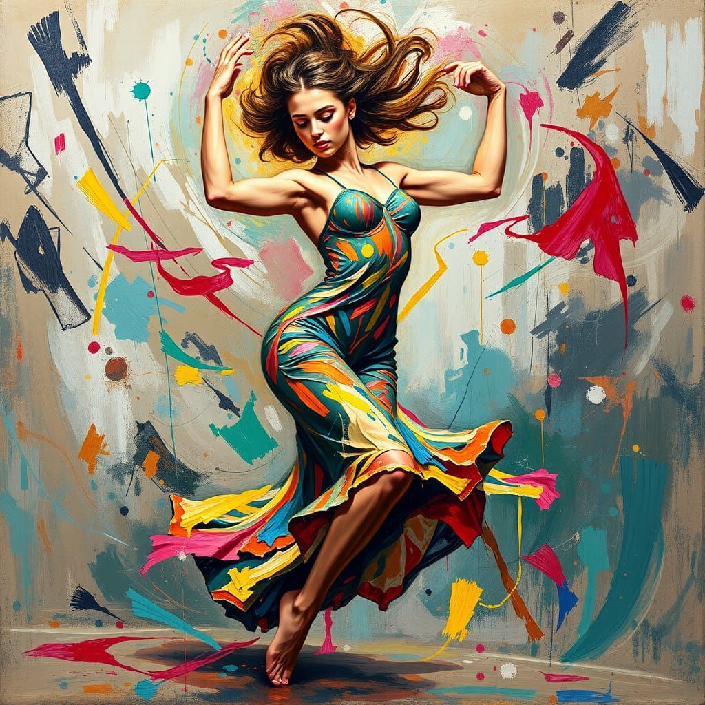 Dynamic Impasto Dancer in Abstract Swirling Colors