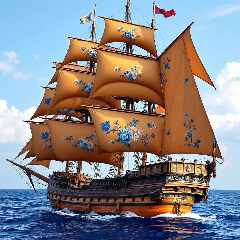 A Serene 18th-Century Frigate in a Dreamy Cerulean Atmospher...