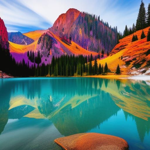Colorful Mountain Lake in Fantasy Art Style