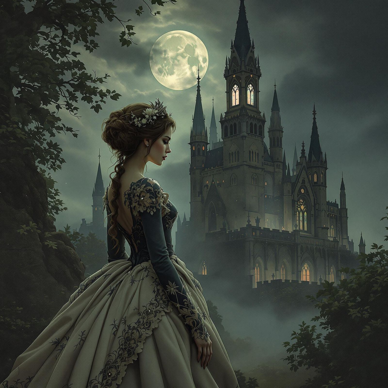 Lady in Elegant Victorian Attire Before a Gothic Castle