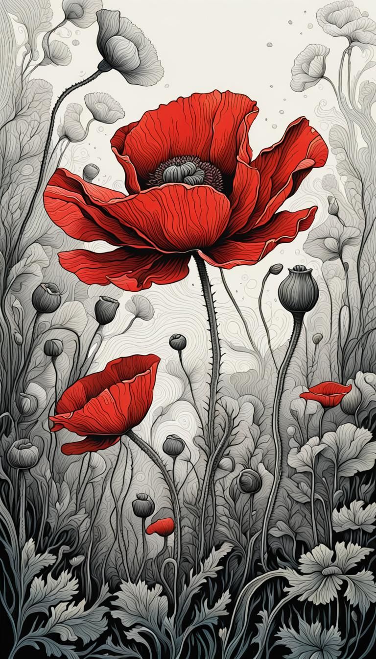 Ethereal Poppy in Linocut Fractal Style