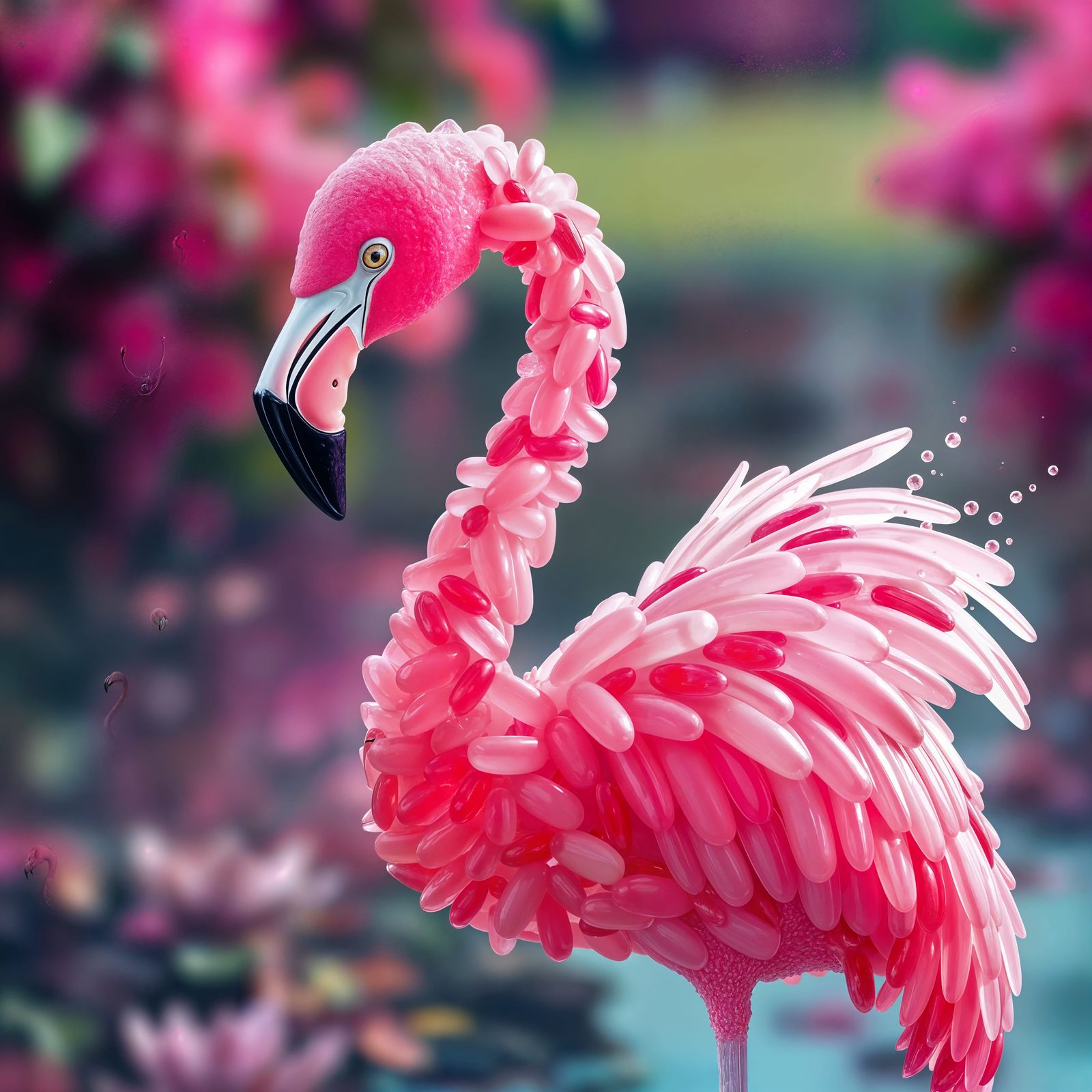 Vibrant Pink Jellybean Flamingo in a Dramatic Outdoor Settin...