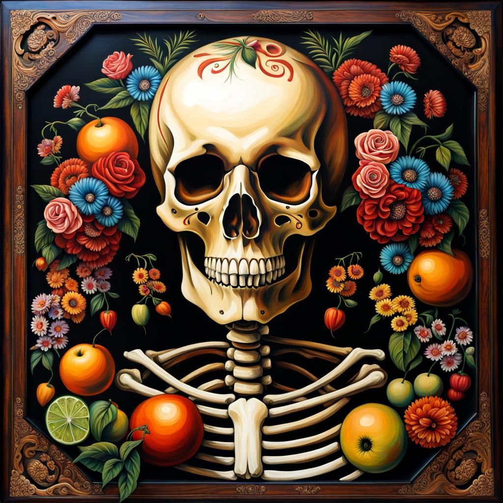 Day of the Dead Skeleton with Flowers and Fruits